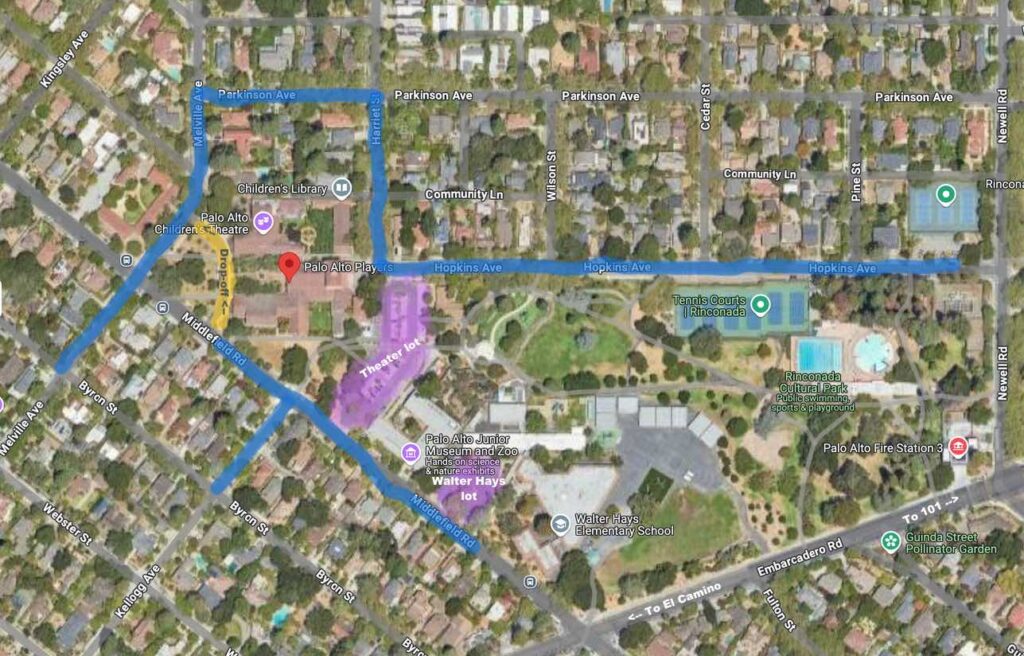 Aerial map of the Lucie Stern Community Center and surrounding Palo Alto blocks, with parking areas color-coded as described above.